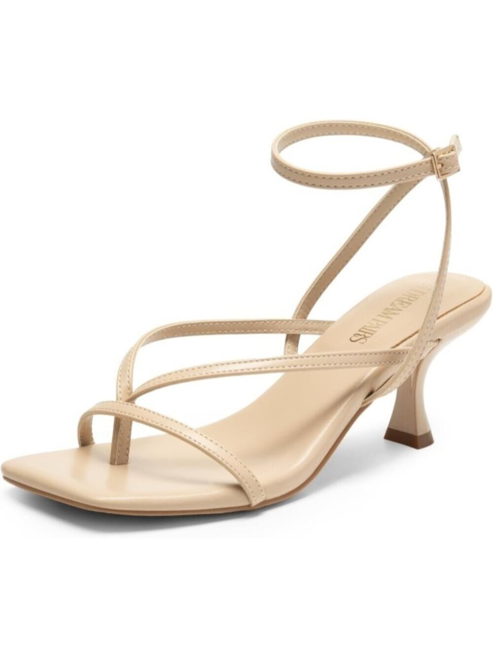 Women's Nude Pu Strappy Square Open Toe Dressy Thong Comfort Kitten Heel Sandals